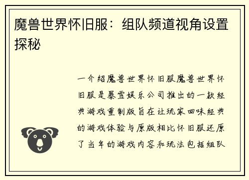 魔兽世界怀旧服：组队频道视角设置探秘